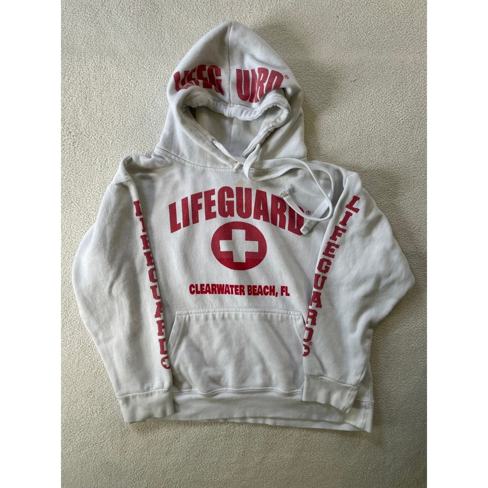 Lifeguard Mens Medium Hoodie White Clearwater Beach FL Souvenir Pullover Graphic